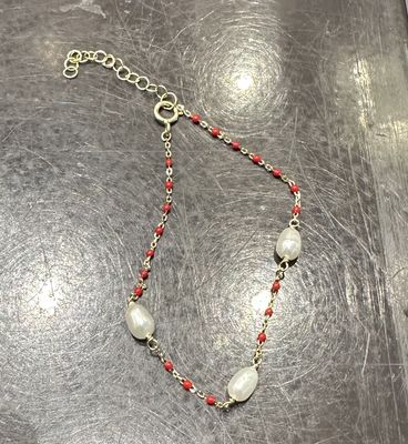 3 Pearl Red Ball Silver Braceler
