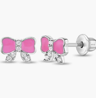 Silver Pink Bow Earring
