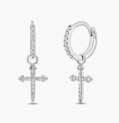 Cross w/Stone Hoop silver earring