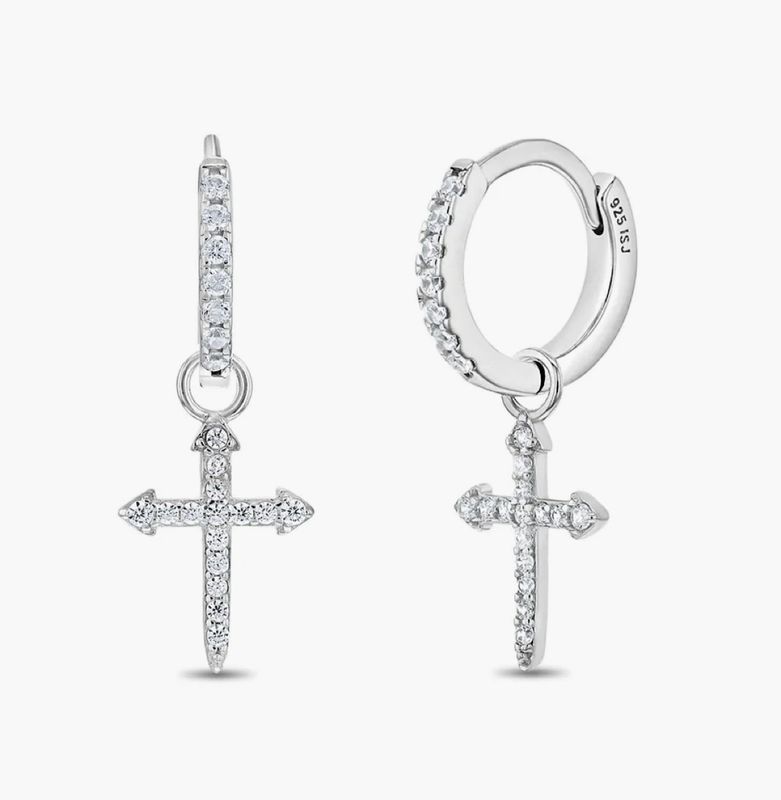 Cross w/Stone Hoop silver earring