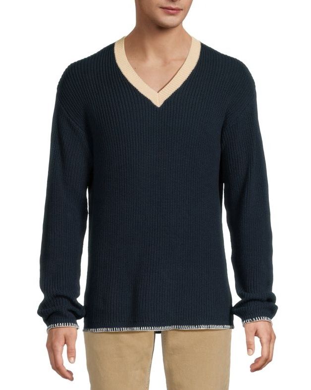 RIBBED V NECK SWEATER, Colour: DARK SAPPHIRE, Size: LARGE