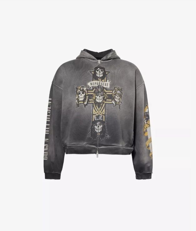 GN'R CROSS ZIP THROUGH HOODIE STN BLK, Colour: STAINED BLACK, Size: XS