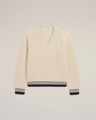RIBBED WOOL V NECK ADC SWEATER