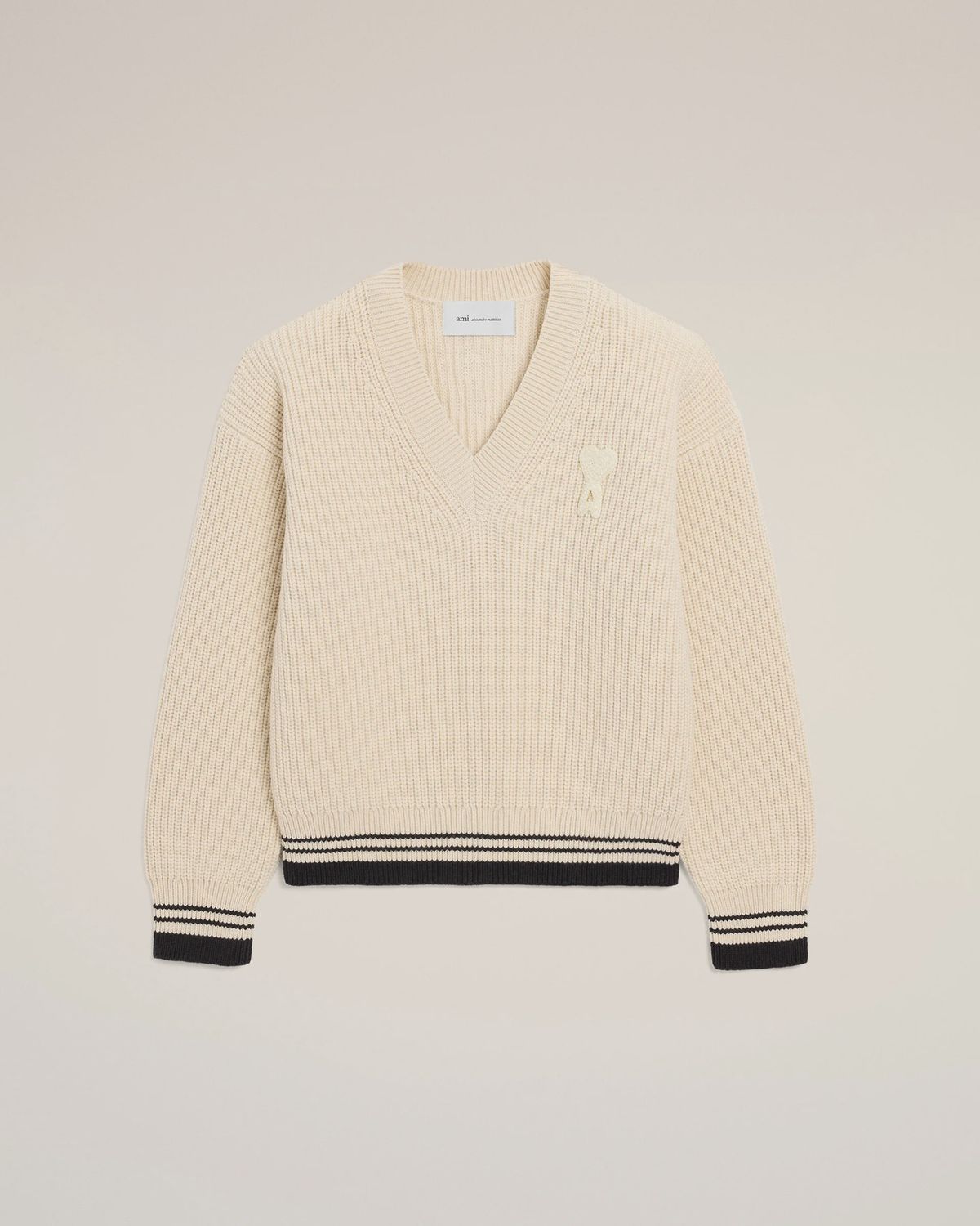 RIBBED WOOL V NECK ADC SWEATER, Colour: CREME, Size: MEDIUM