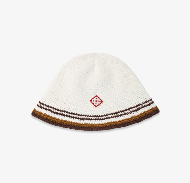 White & Brown Stripe Crochet Hat, Size: M/L