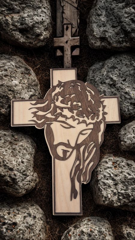 Drewniany Krzyż - Chrystus w koronie cierniowej
