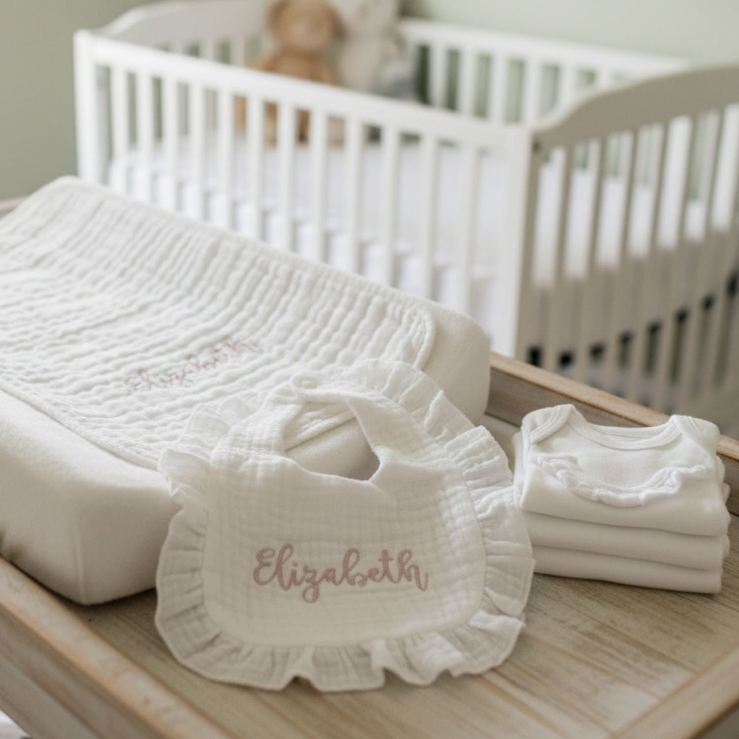 Embroidered Muslin Ruffle Bib