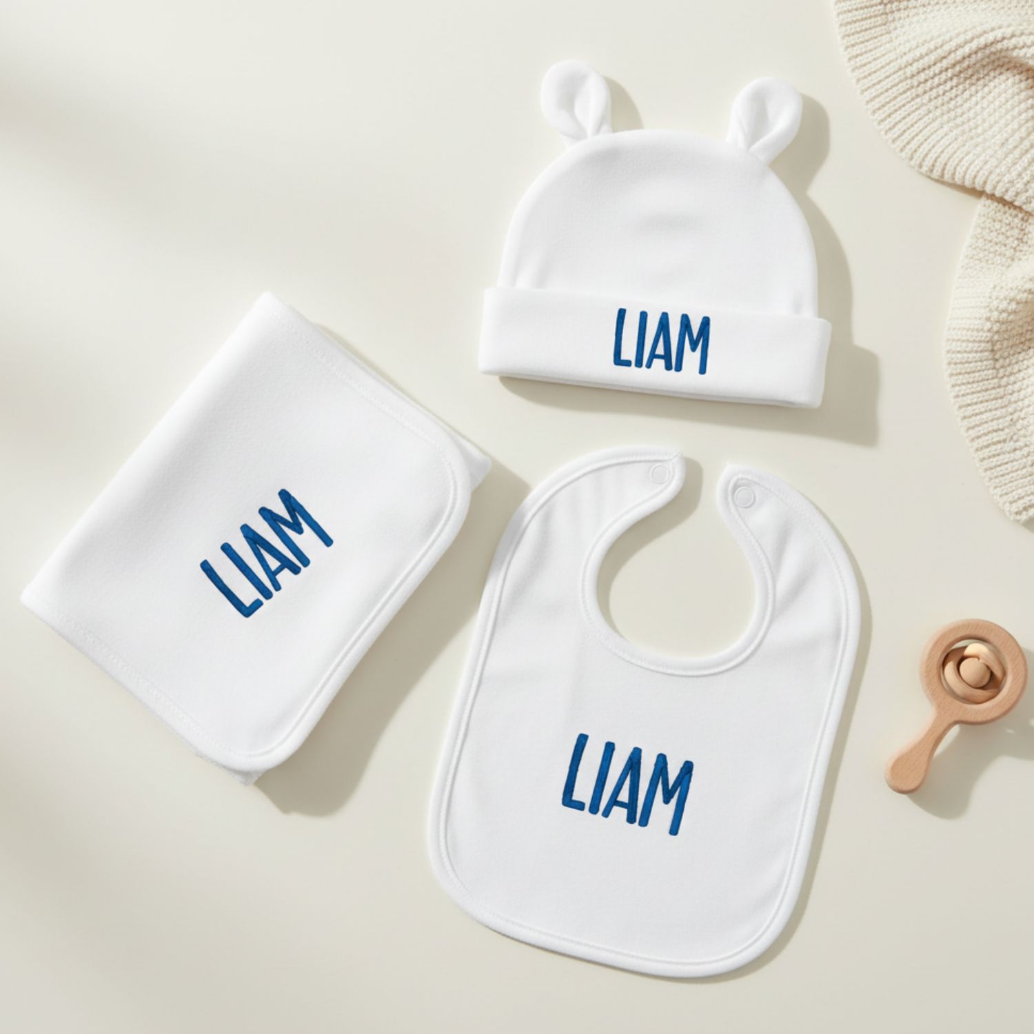 Embroidered Baby Beanie with Ears Set