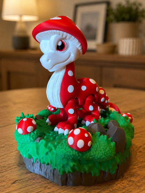 Mushroom Dragon 3D Druck, Pilz Drache mit optionalem Diorama Sockel, Fantasy Deko, bewegliche Drachenfigur Geschenk