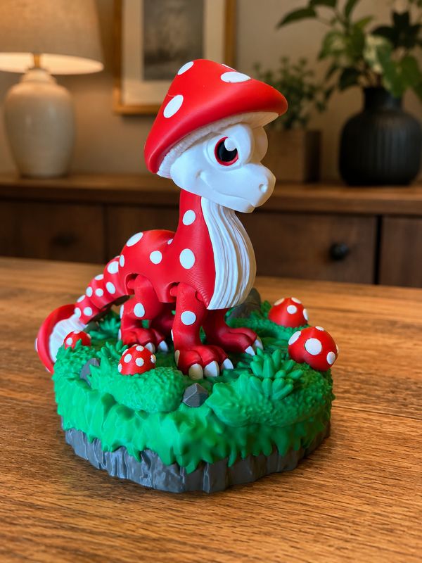 Mushroom Dragon 3D Druck, Pilz Drache mit optionalem Diorama Sockel, Fantasy Deko, bewegliche Drachenfigur Geschenk
