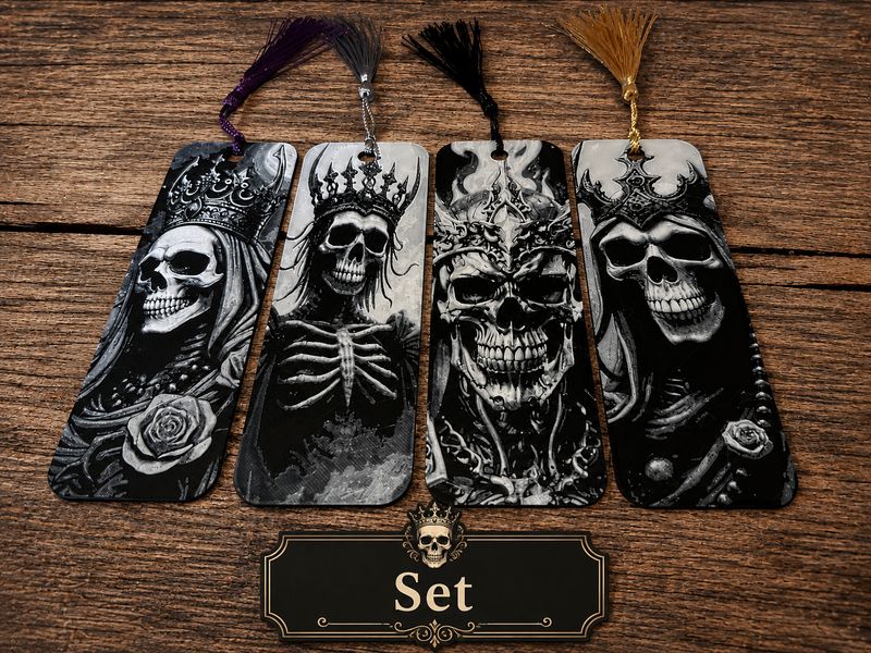 Schädelköniginnen Lesezeichen, Gothic Skull Bookmark Set, Dark Romance Buch Deko, Totenkopf Lesezeichen 3D Druck