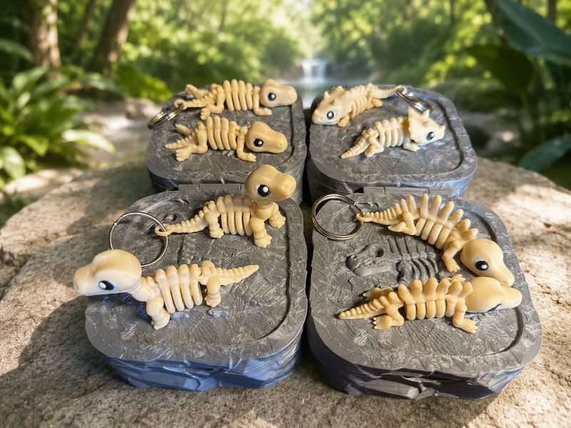Fossil Box mit Flexi Dino Skelett, Dino Schlüsselanhänger & Sammelfigur, T-Rex Brachiosaurus Spinosaurus Triceratops Set