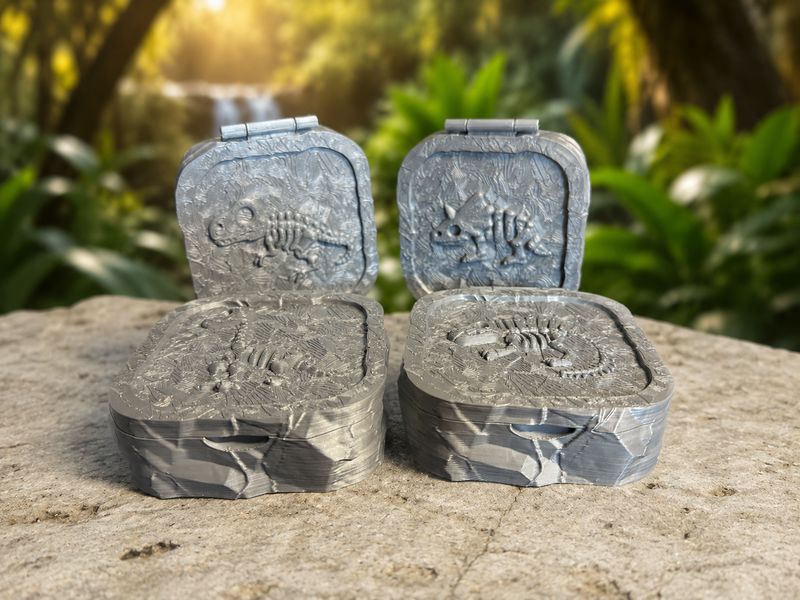 Fossil Box mit Flexi Dino Skelett, Dino Schlüsselanhänger & Sammelfigur, T-Rex Brachiosaurus Spinosaurus Triceratops Set