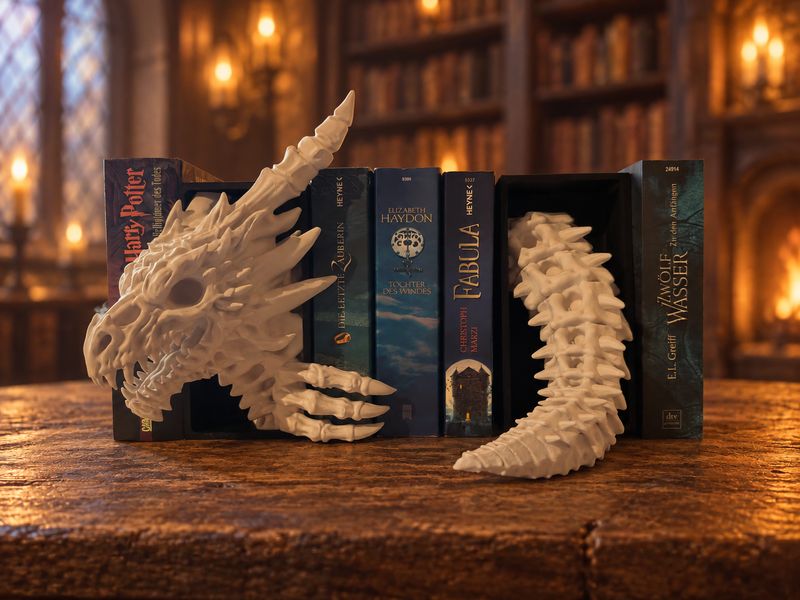 Book Nook „Bone Dragon Emerging“ – Drachenskelett Buchdeko, Kopf & Schwanz, Fantasy Regal Deko, 3D Druck aus PLA