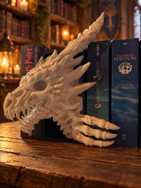 Book Nook „Bone Dragon Emerging“ – Drachenskelett Buchdeko, Kopf & Schwanz, Fantasy Regal Deko, 3D Druck aus PLA