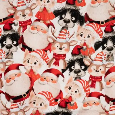 French Terry digital Kerstman en zijn dierenvriendjes.