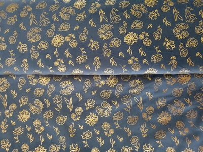 ​Corduroy/ribfluweel foil printed golden flowers jeansblue