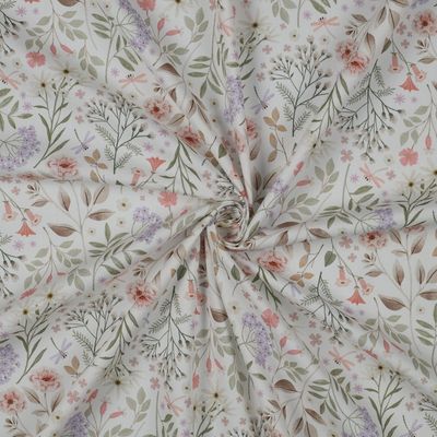 Poplin katoen digital fine flowers white