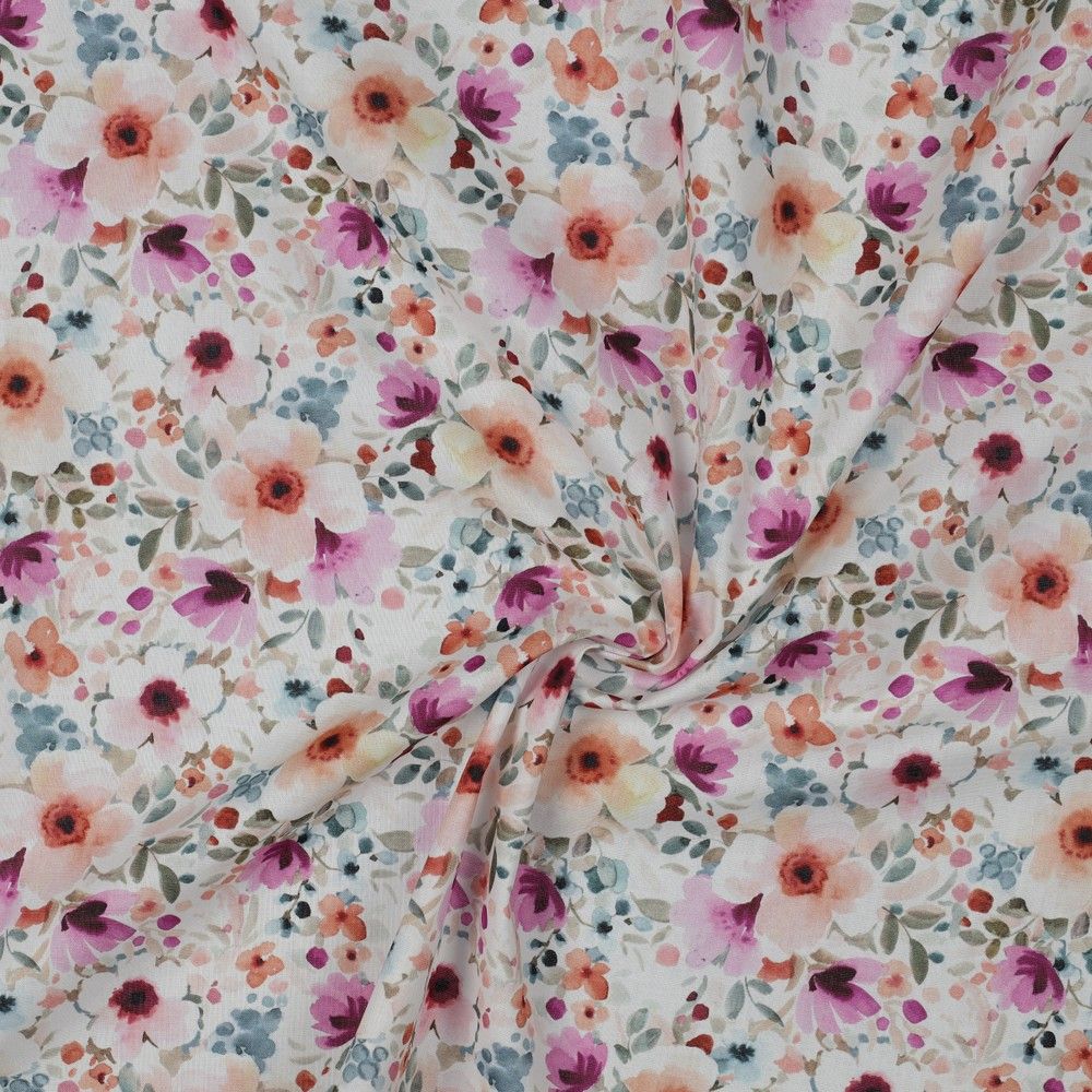 Poplin katoen digital flowers white/purple