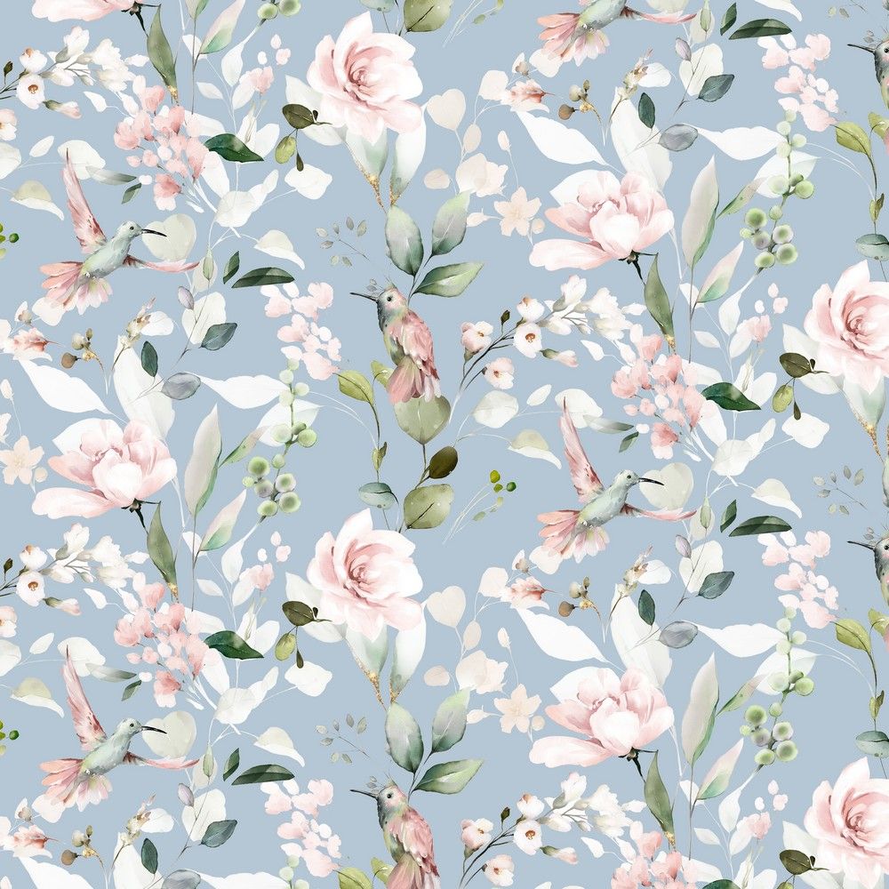 ​Poplin katoen digital garden flowers light blue