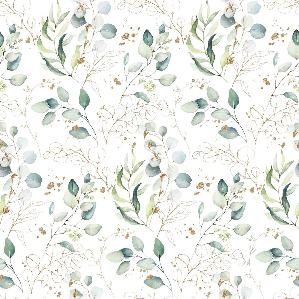 Poplin katoen digital eucalyptus leaves white