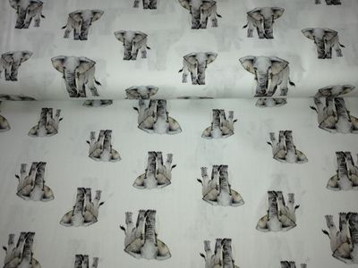 Poplin katoen digital olifanten, kleur wit Poplin katoen digital olifanten, kleur wit