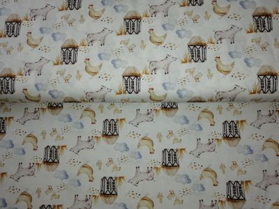 Poplin katoen digital boerderijdieren kip/varken, kleur cream Poplin katoen digital boerderijdieren kip/varken, kleur cream