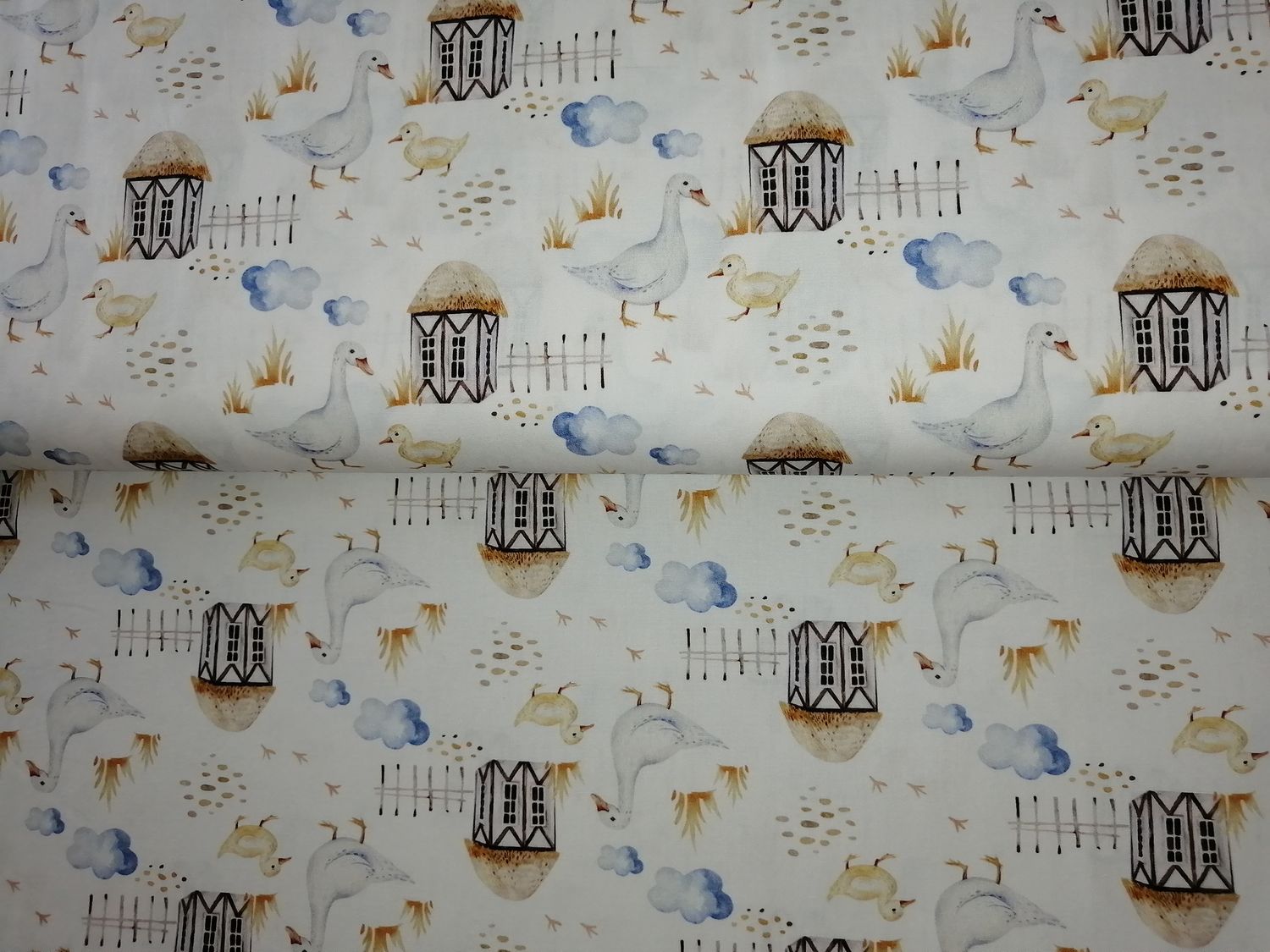 Poplin katoen digital boerderijdieren eendjes, kleur wit