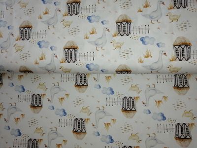 Poplin katoen digital boerderijdieren eendjes, kleur wit