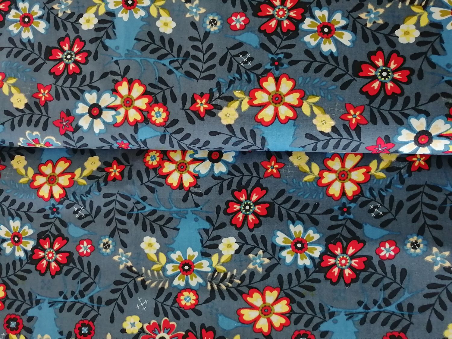 Katoen multi color flowers jeansblue