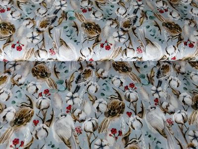 Katoen digital birds/cotton flowers light blue