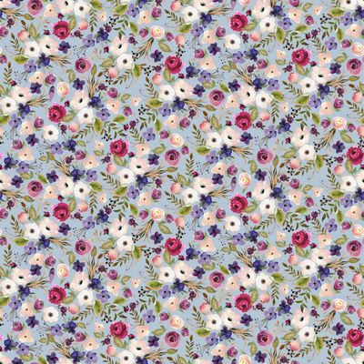 Poplin katoen digital flowers baby blue