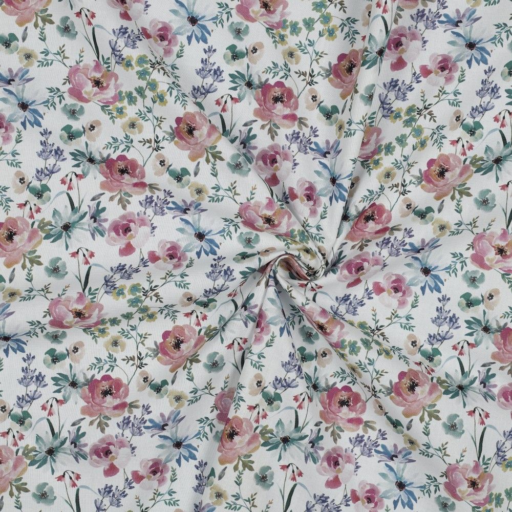 ​Poplin katoen digital flowers white/rose