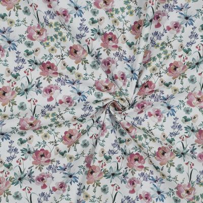 Poplin katoen digital bloemen wit/roze Poplin katoen digital bloemen wit/roze