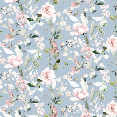​Poplin katoen digital tuinbloemen, lichtblauw