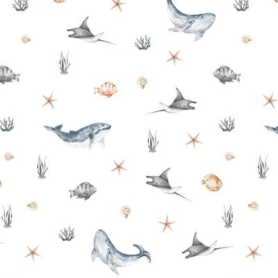French Terry digital sea creatures white