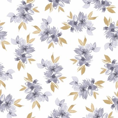 Jersey digital bloemen met bladeren, wit/lavendel