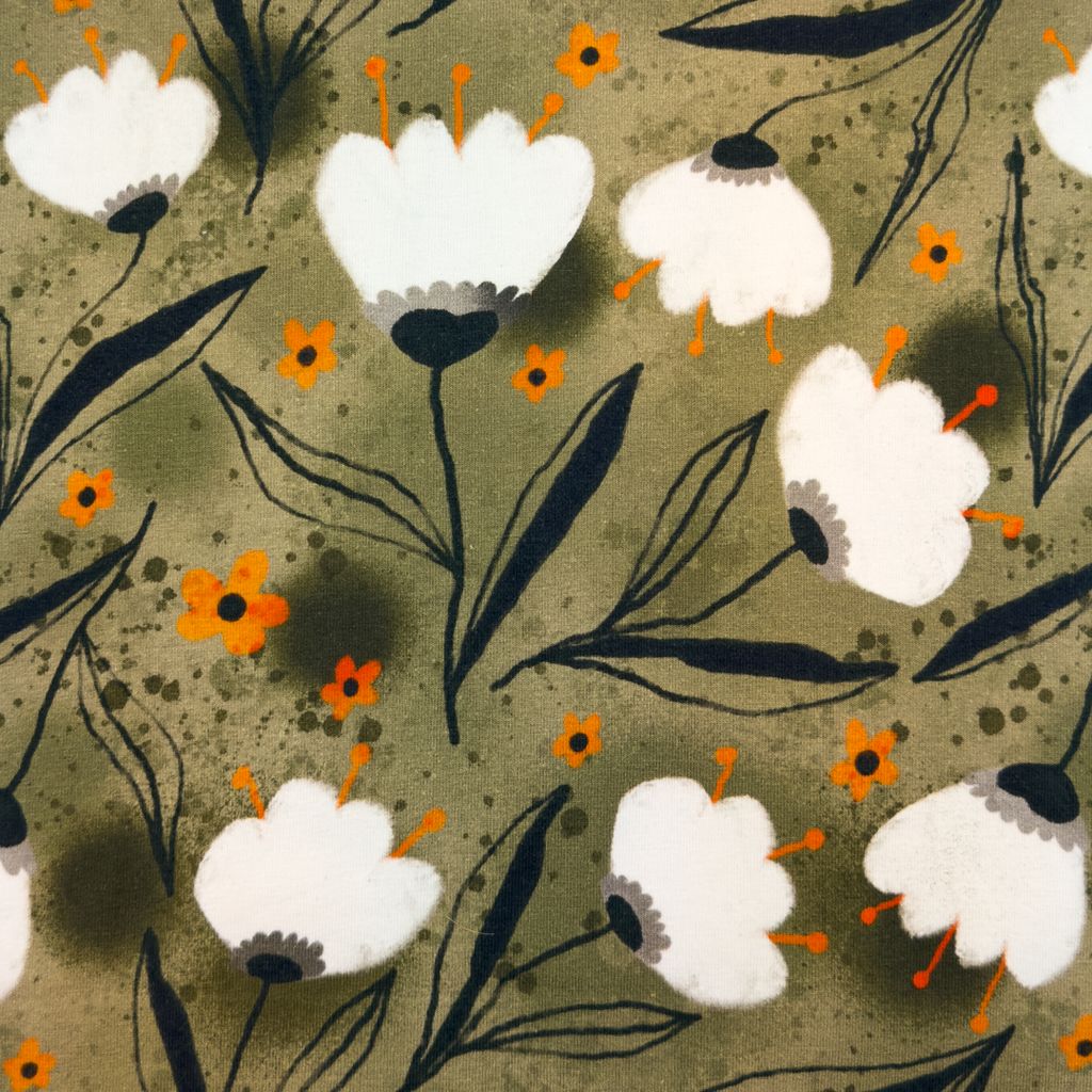 ​Jersey digital Tulpen, kleur army green.