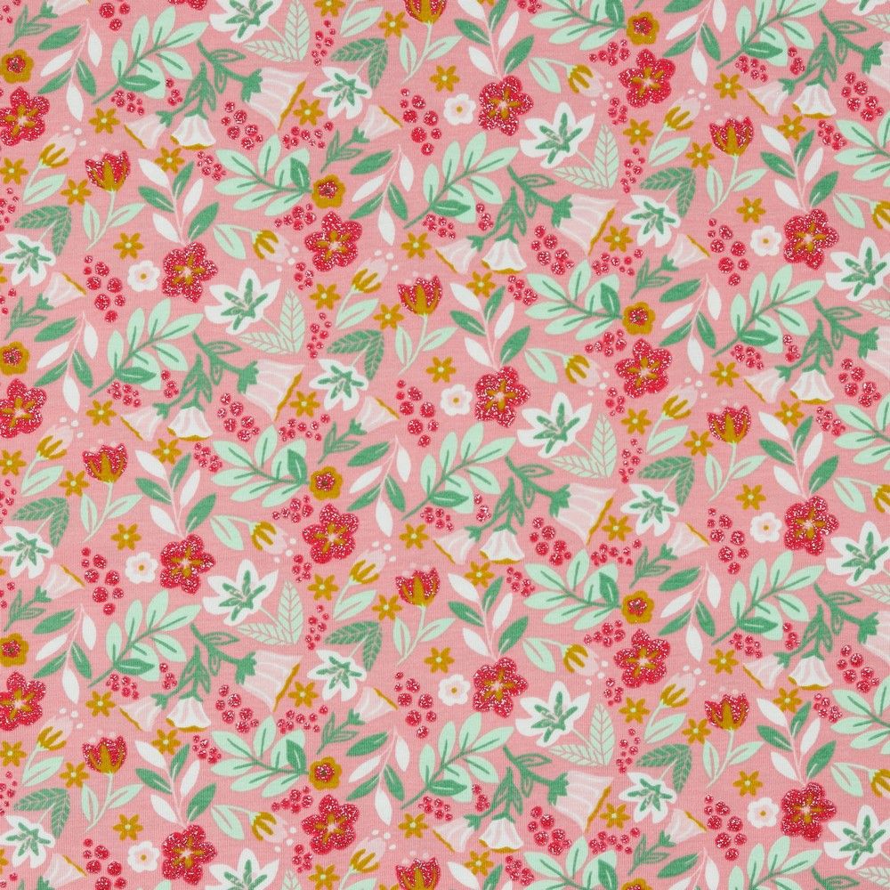 Jersey glitter happy flowers, pink.