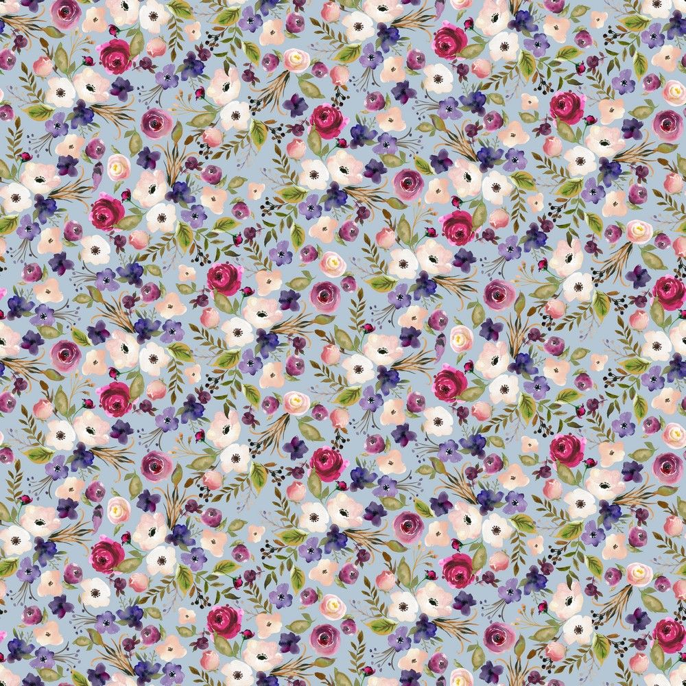 Poplin katoen digitale kleine bloemen, baby blauw