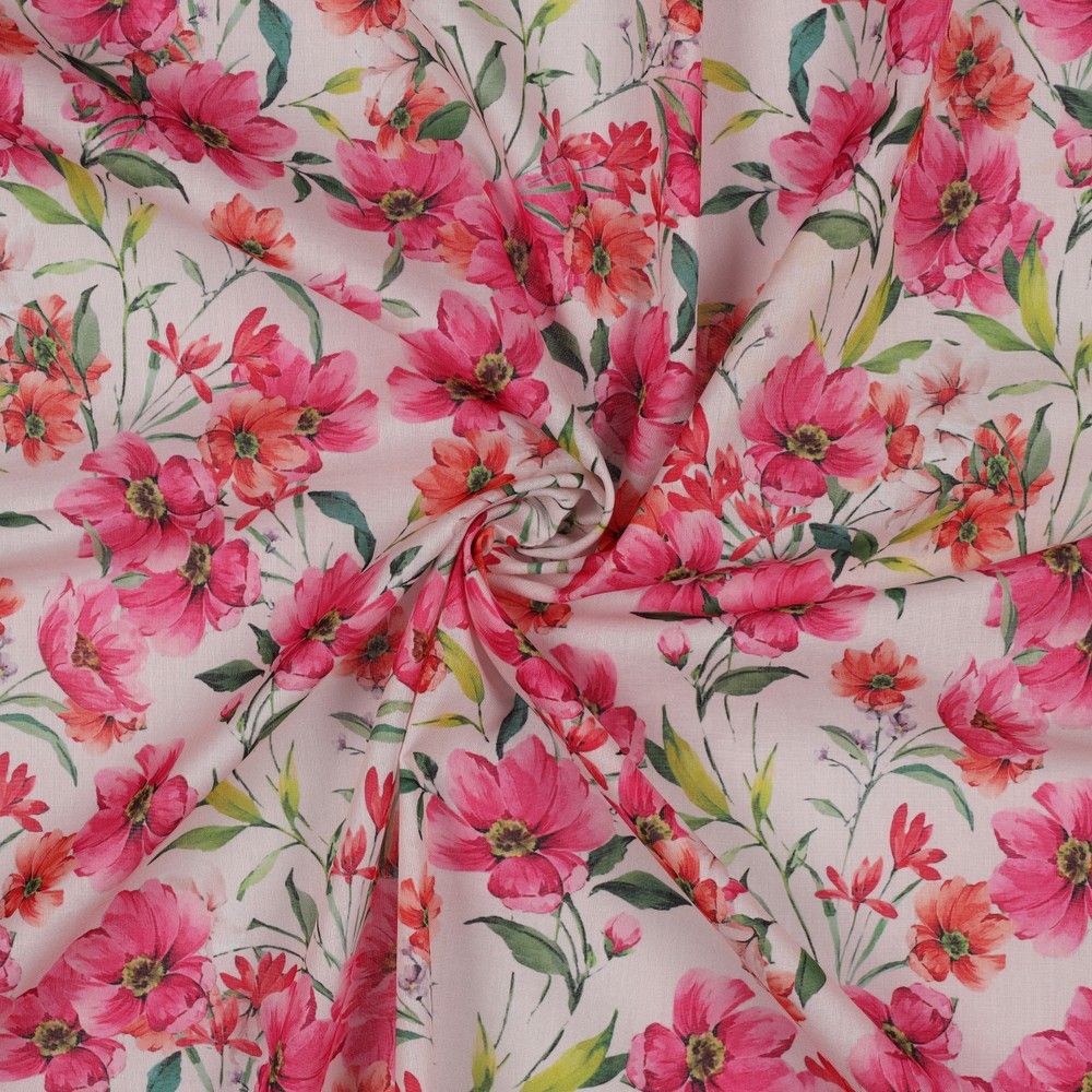 Poplin  katoen voile digitale bloemen, kleur roos