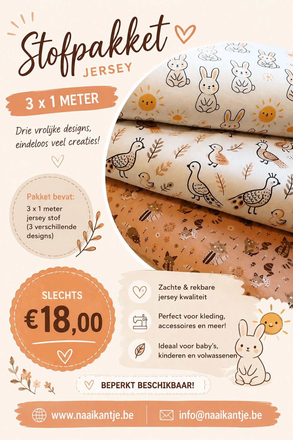 Stoffenpakket jersey met diertjes.