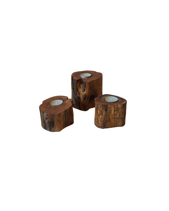 Tris Porta Candele in Legno di Ulivo – Omaggio 3 Candele Tealight