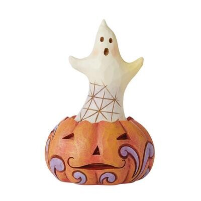 Jim Shore Mini Ghost Popping Out of Pumpkin Figurine