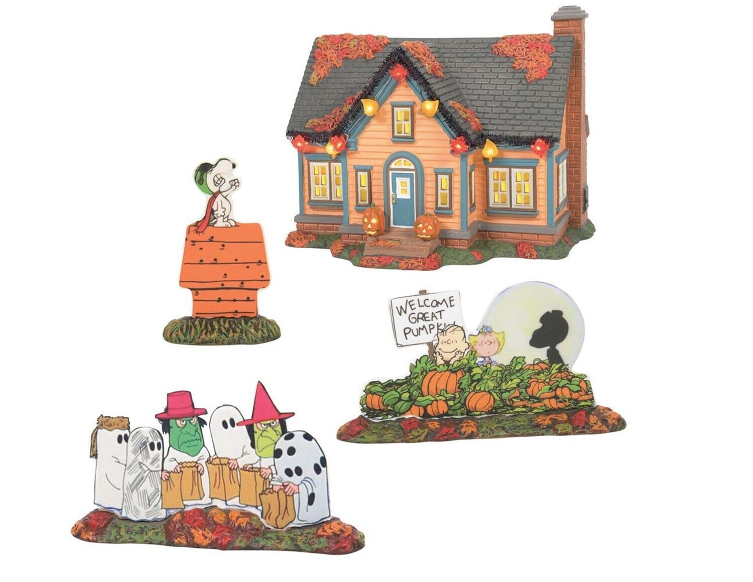 Department 56 Snow Village Halloween "Trick or Treat Lane Peanuts" 4 Piece Set (6007640)