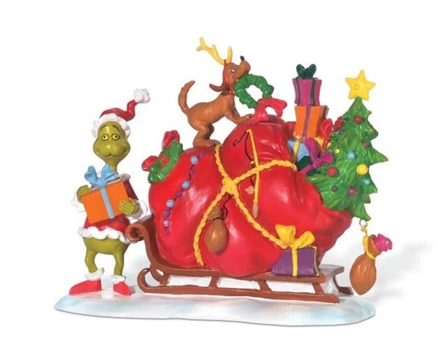 Department 56 Dr Seuss Grinch Village “Grinches Small Heart Grew Three Sizes that Day" Grinch & Max on the Sled (804158)