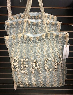 Belle Beach Queen Blue Jute, Shell & Beads Beach Bag