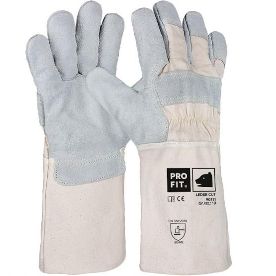 Rindspaltleder Schnittschutzhandschuh, 15 cm Stulpe, Level E Rindspaltleder Schnittschutzhandschuh, 15 cm Stulpe, Level E