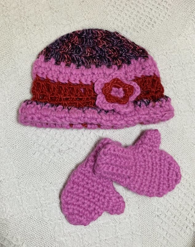 Pink and Red Combo Hat with Flower and Mittens Set - 3-6 Months