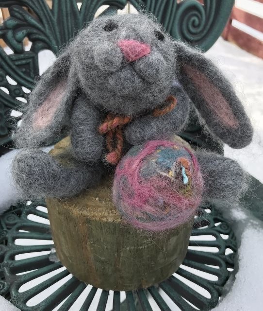 Needle Felted Grey  Rabbit with Easter Egg